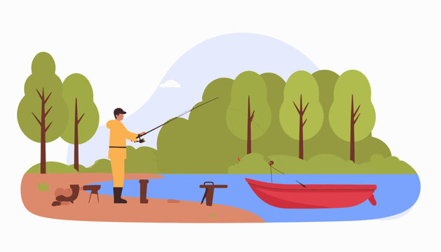 A person fishes from a riverbank with a boat nearby
