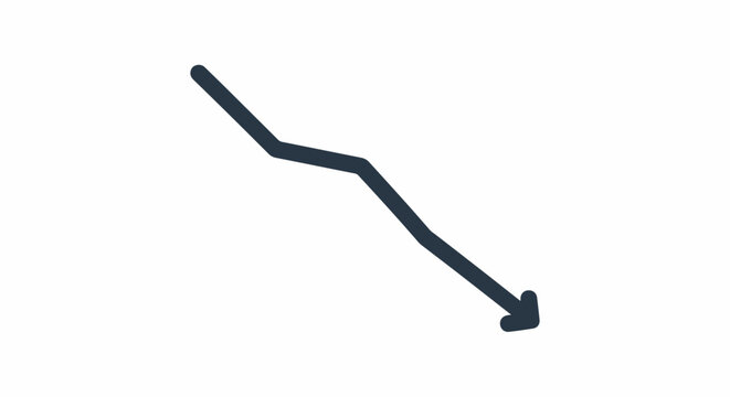 A dark, thick line graph with an arrow pointing downwards indicating a trend