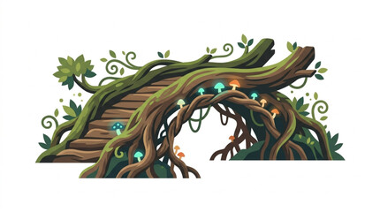 Enchanted forest bridge with glowing mushrooms and vines. © Reda