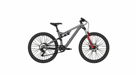 Obraz premium A detailed illustration of a grey full-suspension mountain bike with red front fork