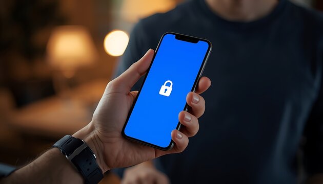 Person holding smartphone showing lock screen security icon