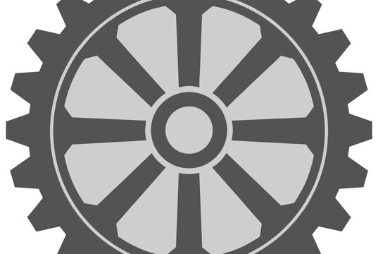 Large industrial gear wheel with multiple spokes and sharp teeth is presented in a flat gray and dark charcoal design.