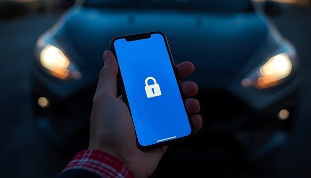 Person holding smartphone with lock security icon at night