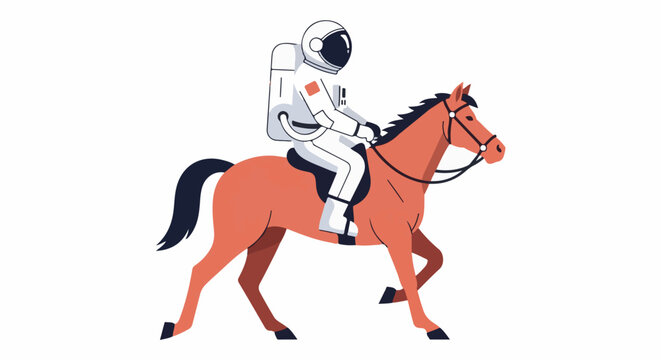 An astronaut rides a brown horse across a white background