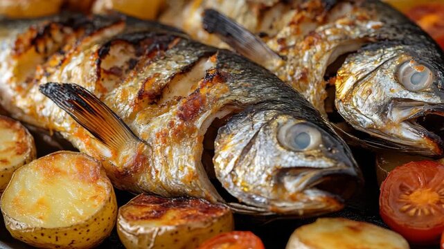 selective focus close-up roasted sardines with carrots potatoes cherry tomatoes oven baked golden vegetables