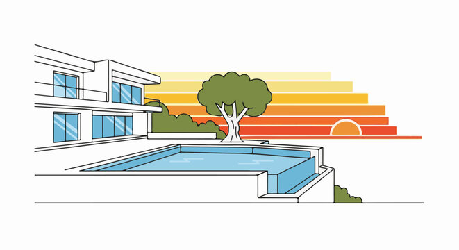 Modern house with pool and sunset graphic