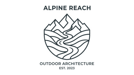 Fototapeta premium Alpine Reach Outdoor Architecture Logo - Mountain River Landscape Icon