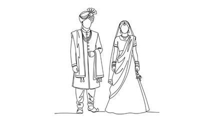 A traditional Indian couple stands together dressed in cultural attire outdoors © Stock Image Paradise