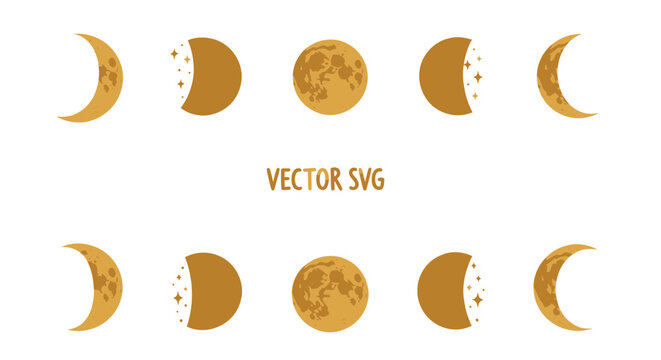 Golden Moon Phases Vector Set: Crescent, Half, Full Moon with Stars