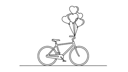 A bicycle with heart balloons tied to it stands alone on the road © Stock Image Paradise
