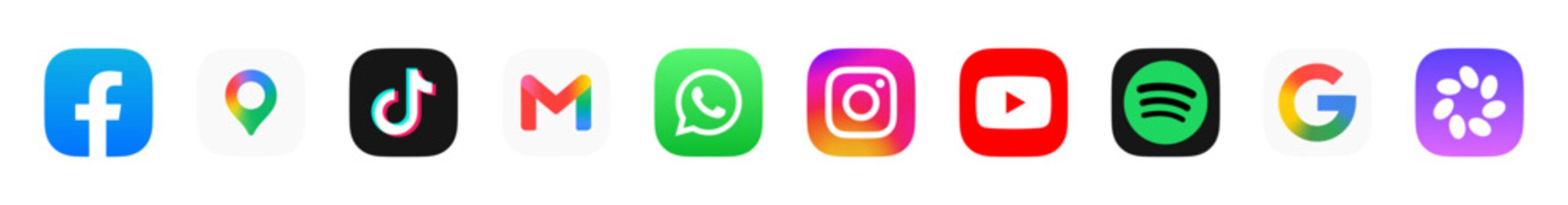 Social media 2027 icon logo vector set. Facebook, Google Maps, TikTok, gmail, WhatsApp, Instagram, YouTube, Google.
