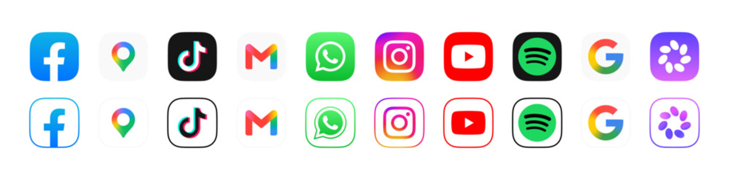 Social media 2027 icon logo vector set. Facebook, Google Maps, TikTok, gmail, WhatsApp, Instagram, YouTube, Google.