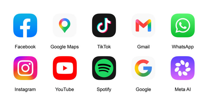 Social media 2027 icon logo vector set. Facebook, Google Maps, TikTok, gmail, WhatsApp, Instagram, YouTube, Google.