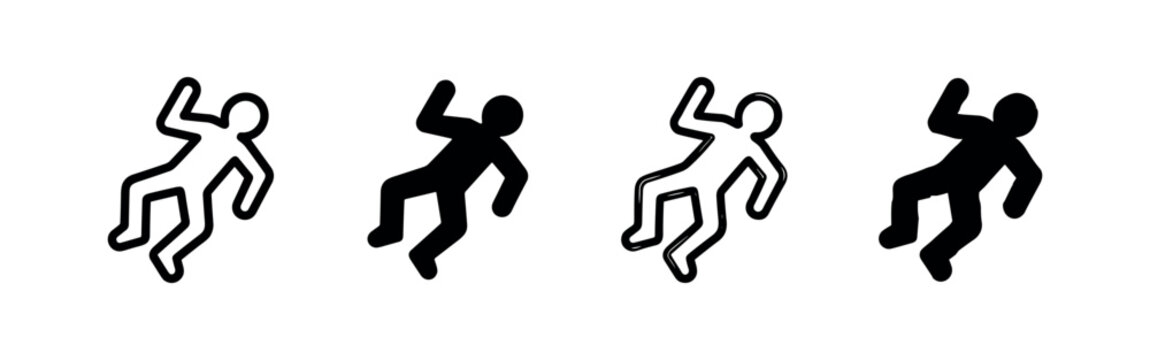 Crime scene dead body outline icons. Forensic investigation, murder concept, and police evidence.