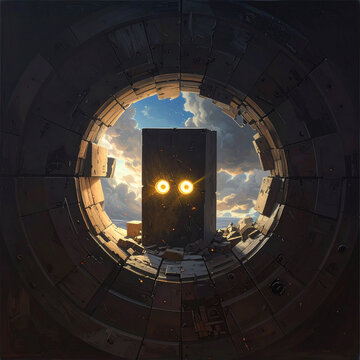 Futuristic monolith with glowing eyes in ruined structure