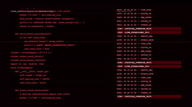 Futuristic Core Decryption Log Citadel Bypass Coding Python Script Red UI Terminal Screen Display.