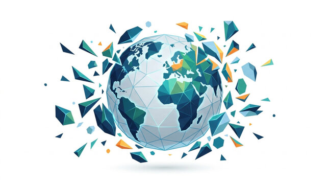 Exploding Earth globe with geometric shards flying outwards.