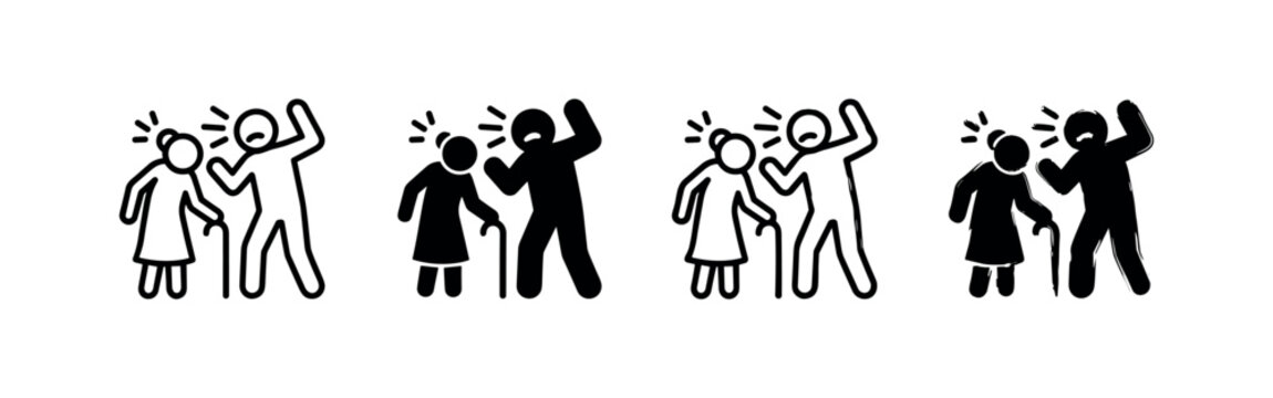 Elderly abuse icon set: Younger person shouting at older couple in various styles