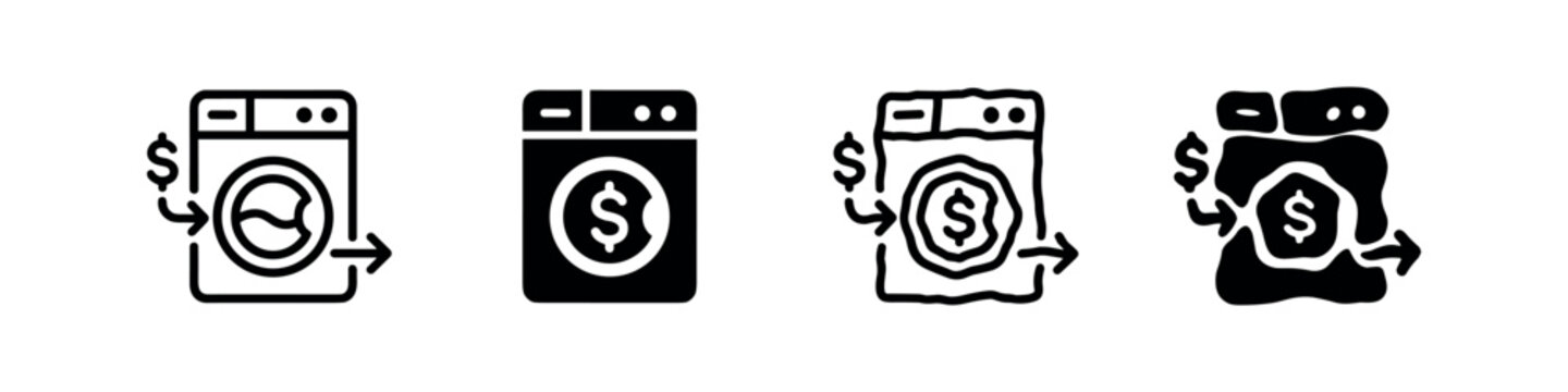 Money laundering in washing machine icon set
