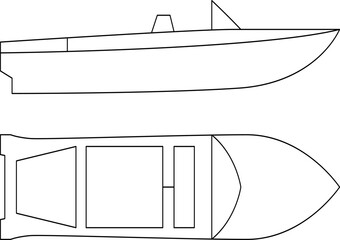 Fototapeta premium Vector illustrations of various types and kinds of boats, motorboats, and speedboats. Silhouette icons of various boats in a simple line style collection. Top and side views.
