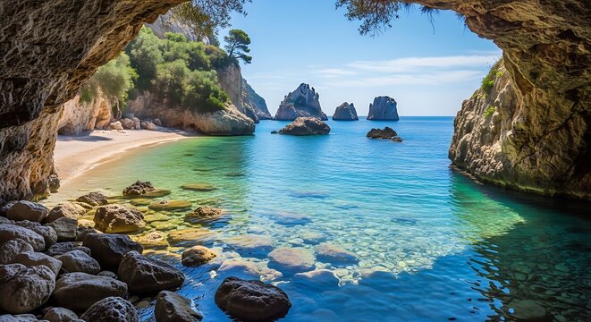 Secluded Rocky Sea Cave Framing Turquoise Cove with Cliffs and Clear Water