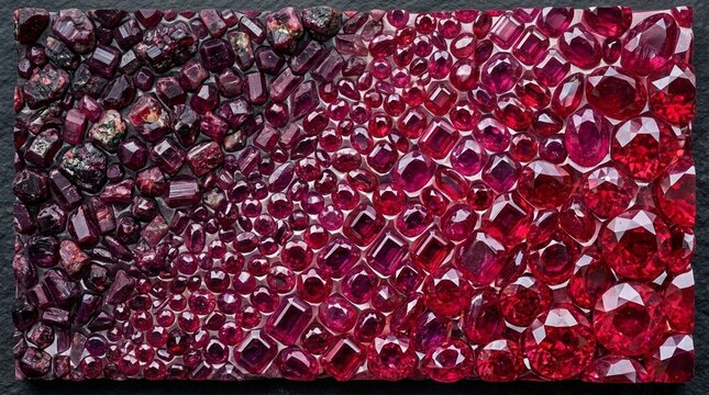 Seamless gradient of raw and faceted ruby gemstones from dark red to bright red