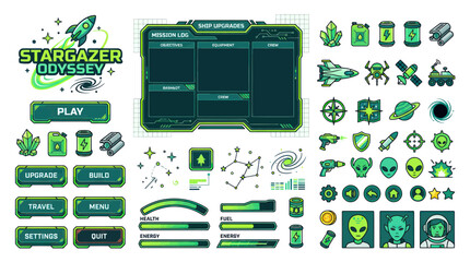 Pixel Art Sci-Fi Game UI Elements: Spaceship, Aliens, Planets, HUD © fufu
