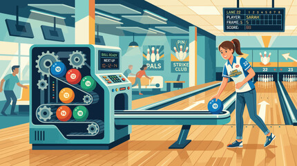 Woman bowling, ball return machine, bowling alley interior, leisure activity © fufu