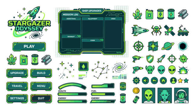 Pixel Art Sci-Fi Game UI Elements: Spaceship, Aliens, Planets, HUD