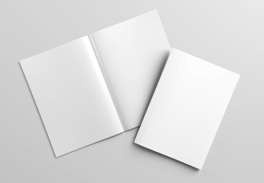 Magazine cover and open magazine Mockup on white background with shadows. 3D rendering