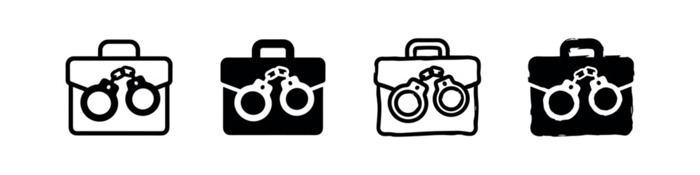 White-Collar Crime and Corruption Icons Set. Business Fraud, Legal Issues, Corporate Misconduct Symbols.