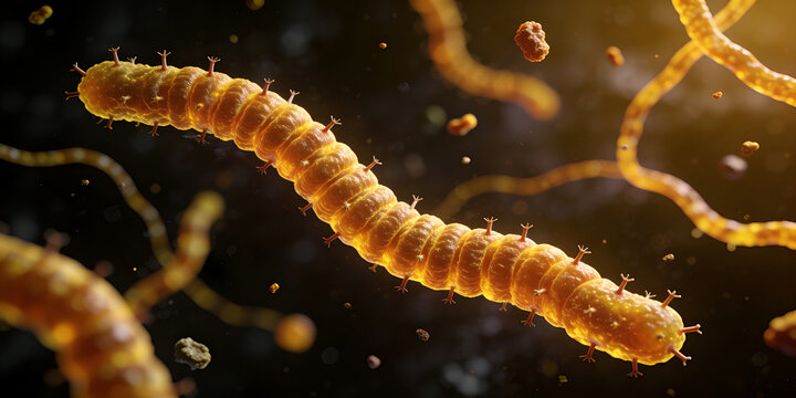 Ebola virus particle under a microscope. Microscopic view of dangerous infectious pathogen. Medical 3D illustration of filovirus causing hemorrhagic fever in Africa. Scientific research.