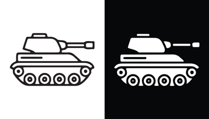 Fototapeta premium Tank Iconography: A graphic representation of a military tank, presented in both a black outline on a white background and a white silhouette on a black background, highlighting its distinctive form.