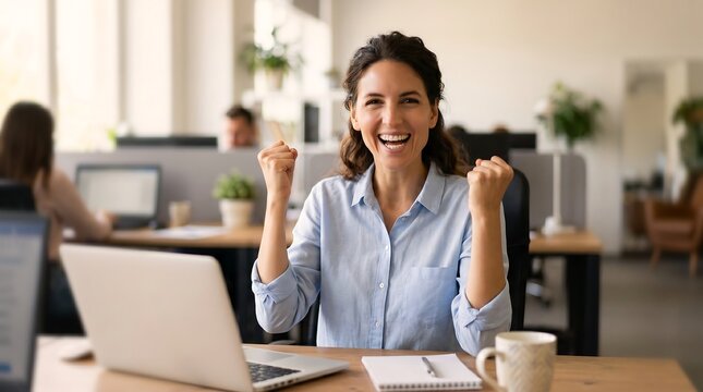Joyful woman celebrates success at her desk. She grips her fists, eyes gleaming with triumph. Laptop rests open before her, notebook beside it. Cafe-style office hums with soft daylight and greenery