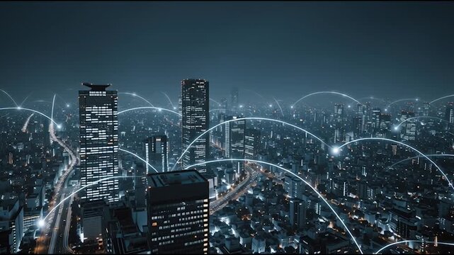 Social media fo city and Smart digital Innovation city with connection network reciprocity over the cityscape. of future smart wireless city and social media networking systems that connects business