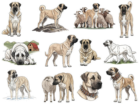 Anatolian Shepherd Dog profile pose collection set vector illustration