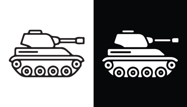 Tank Iconography: A graphic representation of a military tank, presented in both a black outline on a white background and a white silhouette on a black background, highlighting its distinctive form.
