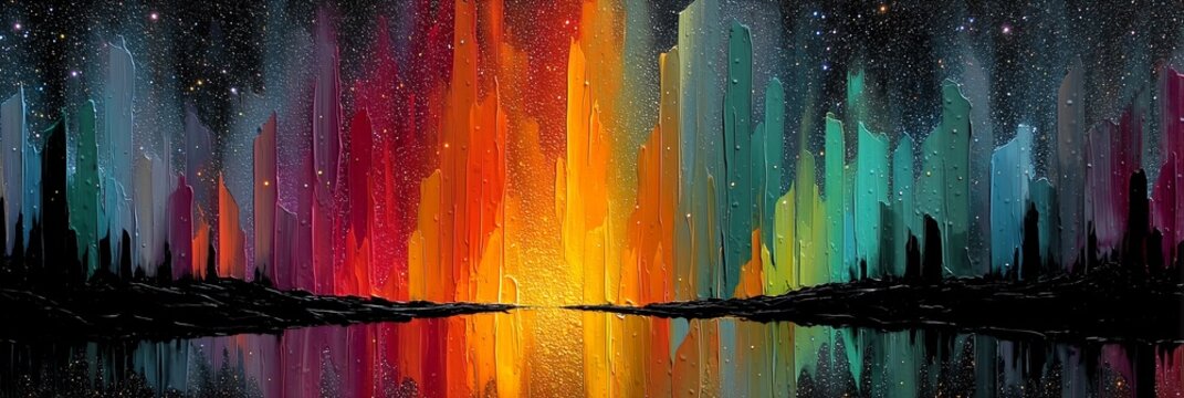 Abstract Kpop city skyline panoramic banner with impasto paint texture, vibrant aurora borealis colors, starry night sky and water reflection, modern art background for wall decor and design projects