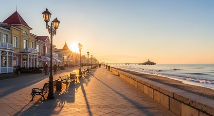 Obraz premium Sunlit Seaside Promenade Lined with Benches and Street Lamps at Sunset