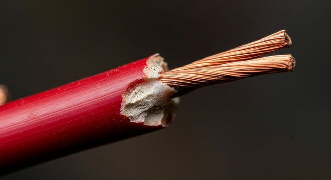Extreme close-up focusing purely on jagged rodent bite marks on a thick red electrical wire.