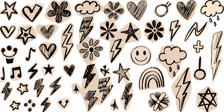 hand drawn doodle elements on beige background stars hearts clouds lightning smile