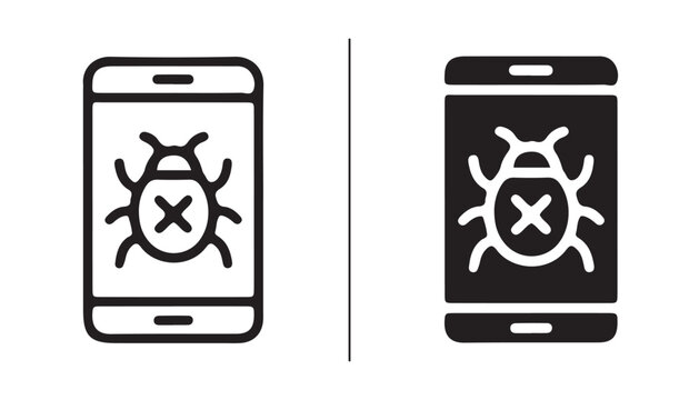Smartphone Virus Icon: A clear and concise icon representing a virus or bug within a smartphone interface, shown in both outline and solid black styles, ideal for digital security and tech contexts.