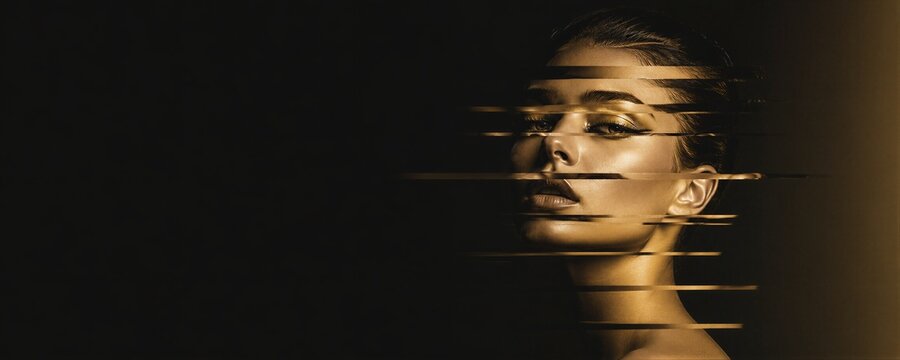 Young woman face with slice effect. Abstract portrait of girl with motion blur and distortion. Banner with copy space