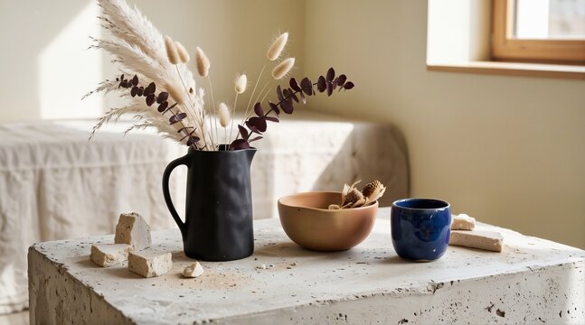 Asymmetrical ceramic vessels and dried floral arrangement on micro-cement slab