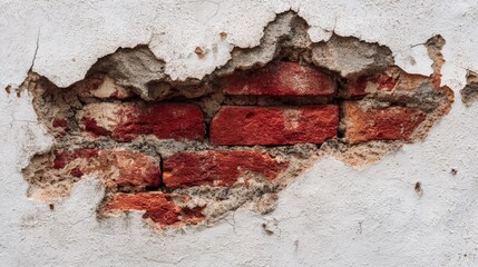 Fototapeta premium old cracked concrete wall with exposed red brick texture. vintage grunge wall background showing aged plaster peeling off 