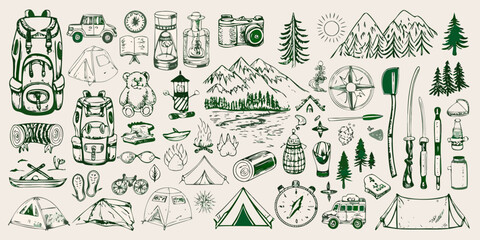 hand drawn camping gear and outdoor adventure elements backpack tent mountain tree © Shamal