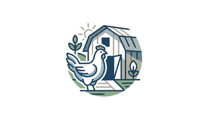 Farm chicken and barn illustration with sun and plants. © danti