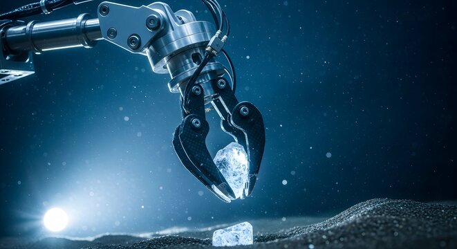 Robotic Arm Mining Ice on Distant Planet.