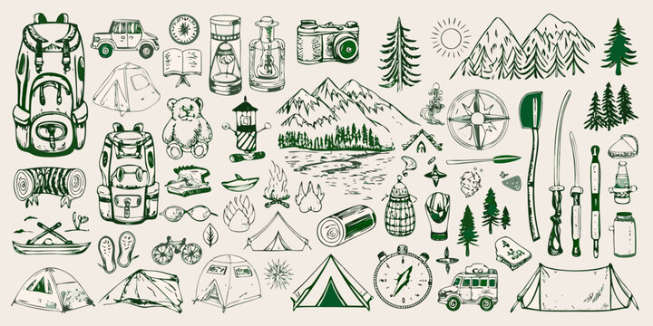 hand drawn camping gear and outdoor adventure elements backpack tent mountain tree
