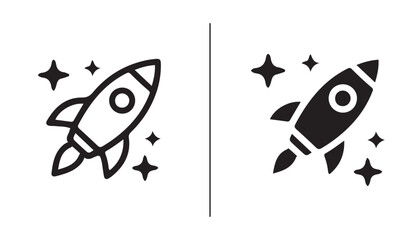 Rocket Ship Iconography: Two distinct rocket ship icons, one outlined and one solid black, are depicted against a backdrop of sparkling stars, symbolizing space exploration and innovation. © iconstore